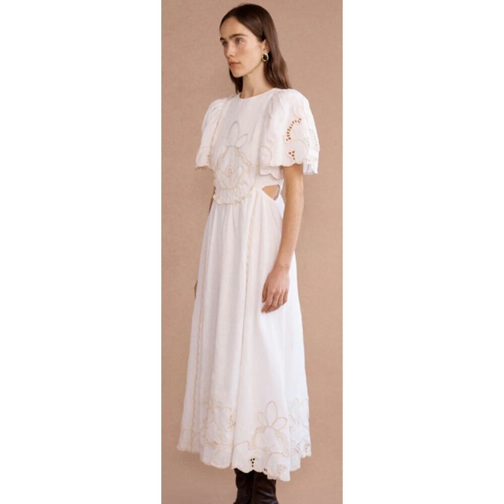 Lovaan Freya Embroidered Linen Midi Dress White Size 4 NWT